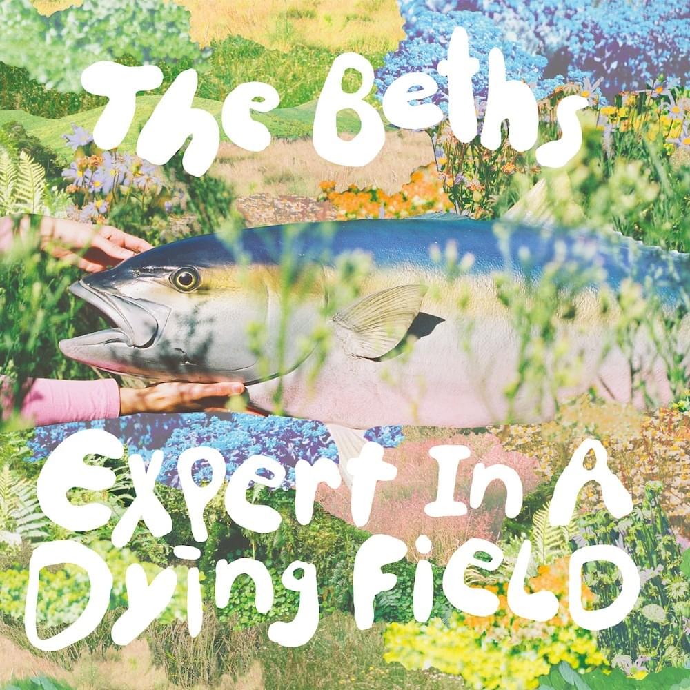 a collage of nature images, flowers and fields, with two hands touching a fish, for some reason, on the cover of Expert in a dying field record.